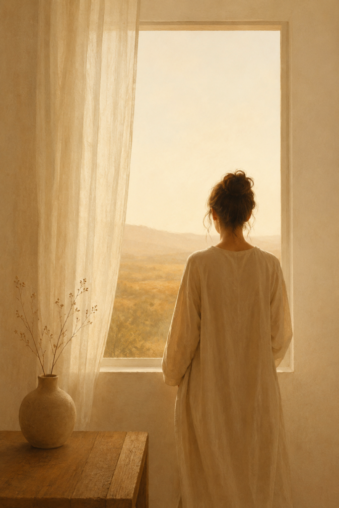 Figura femminile di spalle davanti a una finestra con luce dorata — bisogni illusori
